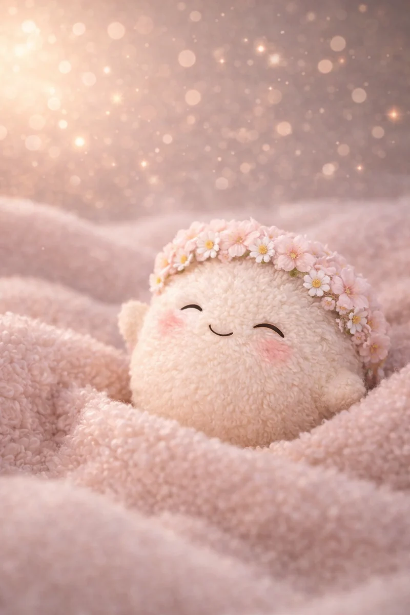 Pip resting in soft pink blankets beneath a flower crown